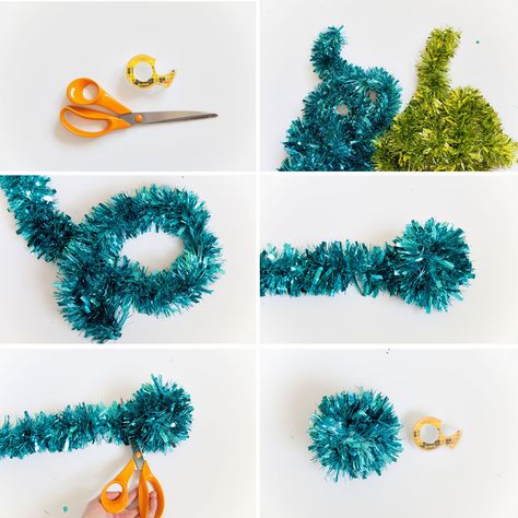 Pom Pom Gift Topper, Tinsel Pom Pom, Tinsel Diy Decorations, Tinsel Pom Pom Wreath, Diy Gift Toppers, Diy Gift Toppers Christmas, Tinsel Pom Pom Diy, Christmas Tinsel Garland Ideas, Diy Tinsel