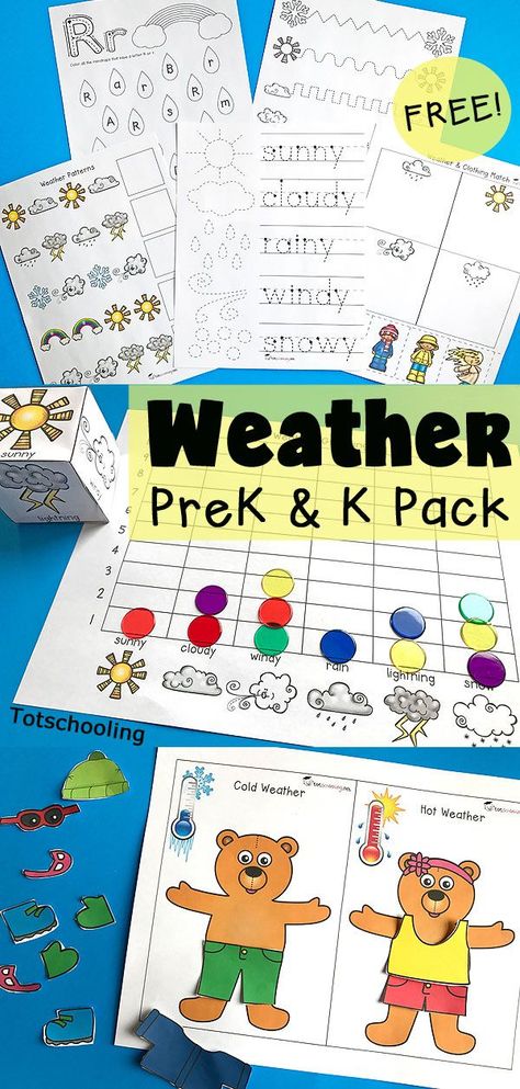 FREE Weather printable pack for preschool and kindergarten, perfect for a Spring weather unit. Learn about weather types, words, and clothing while practicing fine motor skills, graphing, patterns, and more. Also includes dress-up bears for hot and cold weather. Weather Prek, Weather Kindergarten, Weather Lesson Plans, Weather Activities Preschool, Kindergarten Science Activities, Weather Activities For Kids, Mighty Mike, Weather Lessons, Preschool Weather