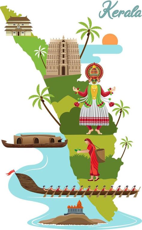 tourism and traditional culture with kerala map vector Kerala Culture Drawing, Kerala Map Art, Kerala Map Drawing, Kerala Culture Illustration, Keralapiravi Poster, Tourism Drawing, Kerala Illustration, Kerala Map, Italian Patterns