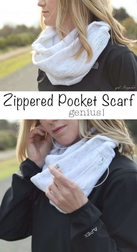 Zippered Pocket Scarf - Sew up this EASY scarf with a zippered pocket perfect for stashing your phone, ID, and house key! So great for walks, jogging, even a day trip where you want your hands free! Scarf Sewing Pattern, Sewing Scarves, Holiday Hand Towels, Pocket Scarf, Diy Sy, Pocket Scarves, Sew Ins, Easy Sewing Projects, Sewing Gifts