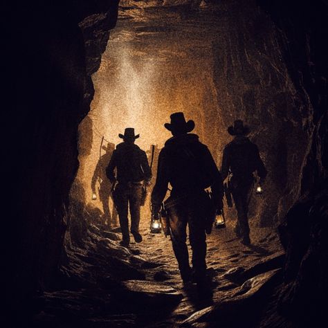 Group of cowboys walking down a low lit Mineshaft Old Western Cowboy Aesthetic, Dark Wild West Aesthetic, Gunslinger Aesthetic, Wild West Outlaw Aesthetic, Old West Aesthetic, Western Vampire, Gothic Western Aesthetic, Dark Western Aesthetic, Vampire Cowboy