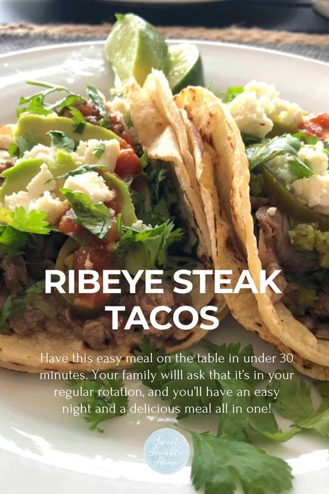 Sometimes intimidated by a ribeye? This is one of the easiest ribeye steak recipes you'll find - and it's absolutely delicious to boot! #tacosrecipe, #ribeyerecipes, #ribeyesteaktacos, #easydinners, #under30minutesdinners Shaved Ribeye Steak Recipes, Ribeye Steak Tacos, Ribeye Tacos, Steak For Tacos, Slow Cooker Tri Tip, Steak Taco Recipe, Boneless Ribeye Steak, Rib Eye Recipes, Ribeye Steak Recipes