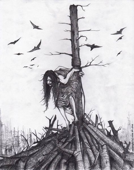 The Execution of the Witch by naiangloria on DeviantArt Executioner Art, Burning Witch, Medieval Witch, Witch Drawing, Scary Witch, 2b Pencil, Creepy Drawings, Witch Trials, Salem Witch