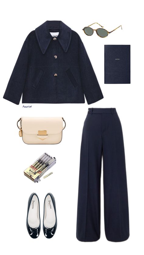 Discover the perfect blend of sophistication and style with this curated navy blue business casual outfit. Ideal for the modern professional, this ensemble effortlessly combines comfort with a polished look. The versatile navy blue coat pairs beautifully with wide-leg trousers, offering a timeless silhouette. Accessorize with chic sunglasses, a minimalist cream handbag, and classic ballet flats for a touch of understated elegance. Whether you’re heading to the office or a business meeting, this outfit ensures you look both stylish and professional. Save this post for your next wardrobe inspiration! Navy Flats Outfit, Navy Blue Business Casual, Business Casual Outfit Ideas, Cream Handbag, Business Casual Outfit, Navy Blue Coat, Navy Flats, Casual Outfit Ideas, Chic Sunglasses