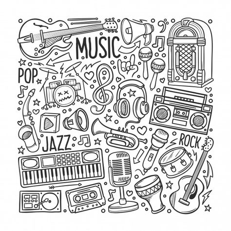 Hand drawn set of music in doodles | Premium Vector #Freepik #vector #music #hand #hand-drawn #doodle Music Notes Drawing, Music Sketch, Music Doodle, Piano Jazz, Zestaw Ikon, Doodle Vector, Music Drawings, Easy Doodles, Doodles Drawings