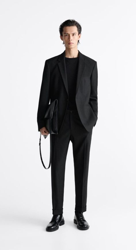 Black Semi Formal Outfit Men, Black Outfit Men Aesthetic, Black Semi Formal Outfit, Formal Outfit Men, All Black Outfit Men, Gq Suits, Black Semi Formal, Slim Suit Pants, Class Outfits