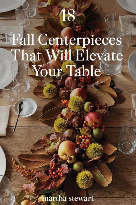 Decorate your table with anything that speaks to you: Pumpkins, gourds, nuts, flowers, candles, and other seasonal materials. Whatever you choose, all eyes will be on your fall table arrangements that perfectly mirror the bounties of the season. #marthastewart #fall #falldecor #diyideas #diydecor Table Decorations Fall Simple, Making A Fall Centerpiece, Flower Centerpieces Thanksgiving, Fall Table Arrangement Ideas, Tall Fall Centerpieces For Table, Living Centerpieces Wedding, Low Fall Centerpieces For Table, Fall Centerpiece With Candles, Natural Fall Tablescapes