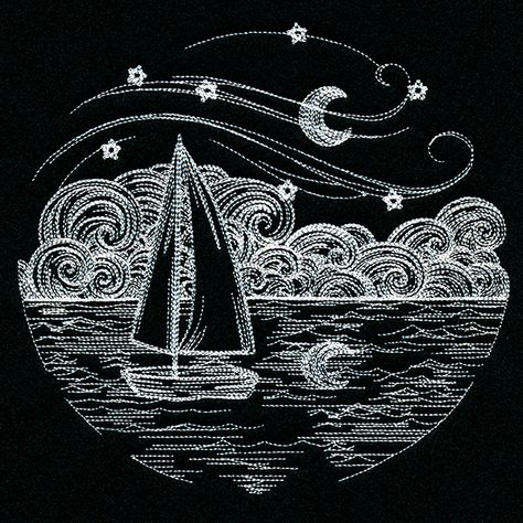 A boat sails into the night in this dreamy motif. Create beautiful pillows, totes, wall hangings, and more with this machine embroidery design. Night Ocean, Ocean At Night, Embroidery Pillow, Freestanding Lace Embroidery, Black Pillow, Embroidered Pillow Covers, Sashiko Embroidery, Pillow Form, Linocut Art