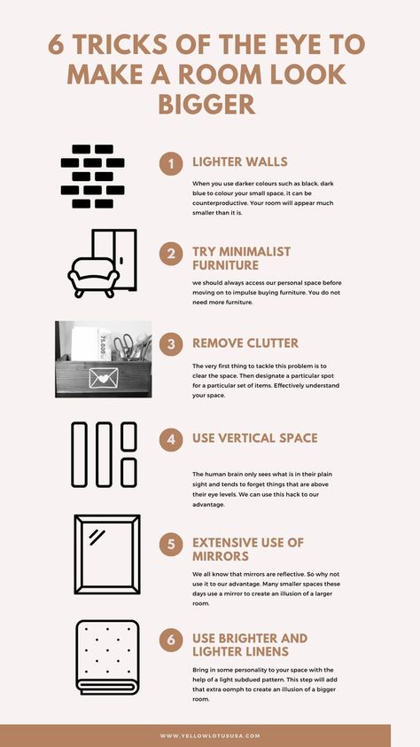 Here are 6 tricks of the eye to make a room look bigger. Tricks to think space is more spacious than it is. How To Make Small Room Look Spacious, How To Make Living Room Look Taller, Make Small Space Feel Bigger, How To Make Your Windows Look Bigger, Colours That Make Rooms Look Bigger, How To Make Your Room Feel Bigger, How To Make A Tiny Room Look Bigger, How To Make A Space Feel Bigger, Making Living Room Look Bigger