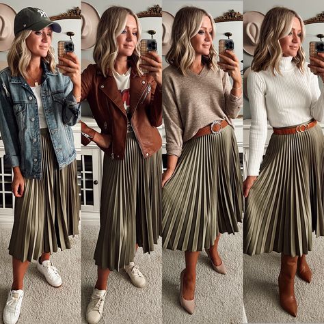 Color Casual Outfit, Outfits Pleated Skirt, Pleated Skirt With Belt, Midi Skirt Belt Outfit, Grey Pleated Skirt Outfit Winter, How To Style Dresses In Summer, Autumn Outfit Ideas Women, Womens Outfits For Work, Pleated Midi Skirt Outfit Casual