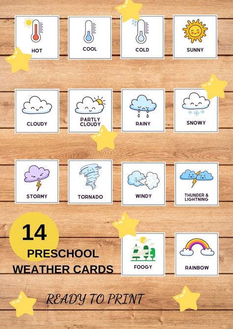 Montessori Flashcards, Preschool Weather, Weather Cards, Partly Cloudy, Weather Information, Thunder And Lightning, Educational Printables, Language Development, Pre School