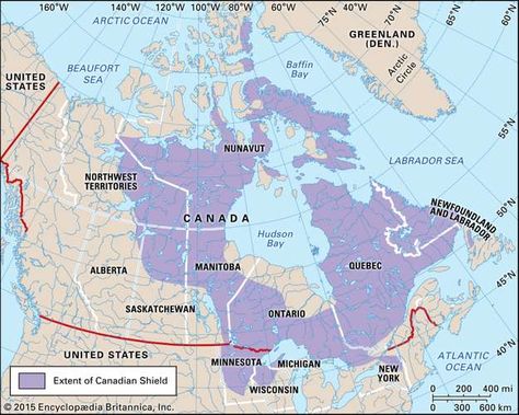 Canadian Shield | Definition, Location, Map, Landforms, & Facts | Britannica Canadian Geography, Mountain Building, Canadian Shield, Samuel De Champlain, Baffin Island, Bay Of Fundy, Northern Florida, Northern Minnesota, Lake Champlain