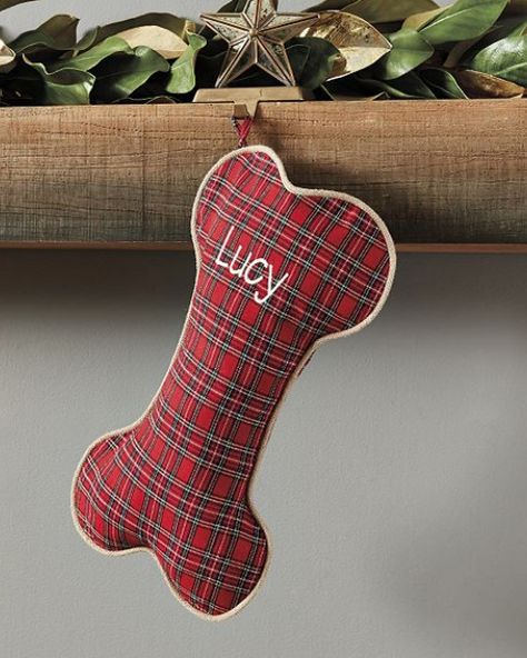 Bone stocking for your good boy. Dog Bone Stocking, Bone Stocking, Plaid Stockings, Burlap Stockings, Suzanne Kasler, Stocking Designs, Dog Stocking, Elegant Christmas Decor, Personalized Pet Gifts