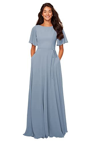 Bridesmaid Dresses A Line, Gown With Pockets, Dresses A Line, Bateau Neck, Flutter Sleeve, A Line, Bridesmaid Dresses, Chiffon, Prom