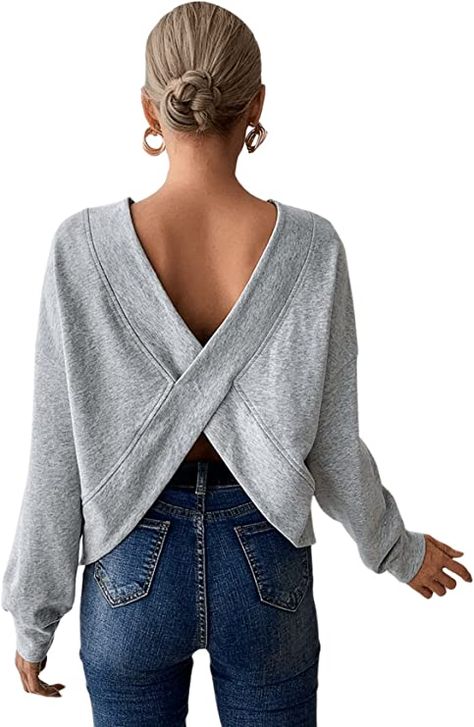 Blouse Backless, Open Back Sweatshirt, Criss Cross Sweater, Backless Shirt, Flirty Tops, Cut Sweatshirts, Back Drop, Loose Pullover, Long Sleeve Knit Tops