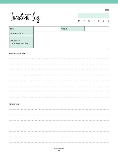 Incident Log PDF template with sections for date, time, parent contact, others involved, witnesses, incident description, and actions taken with lined space for notes. Parent Contact Log, Parent Contact, Incident Report, Template Free Printable, Free Printable Templates, Parenting Plan, Child Custody, Clear Communication, Documents Organization