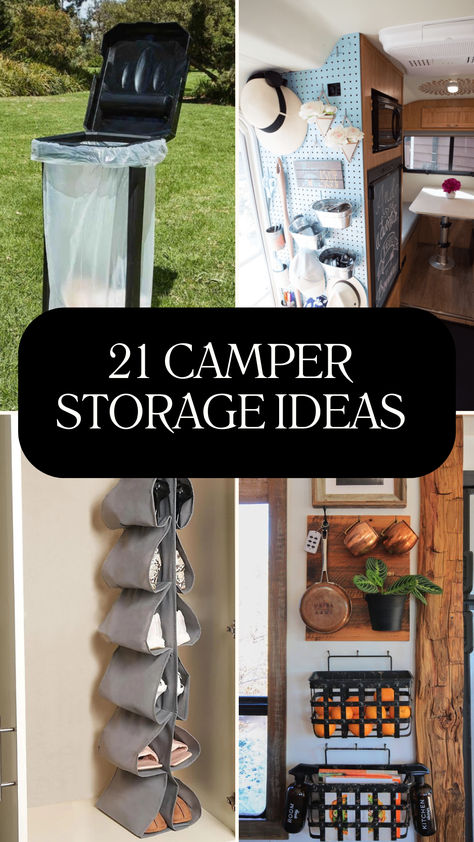 Collage of smart camper storage solutions, including a hanging organizer, pegboard wall, mounted baskets, and portable trash bin. Perfect for maximizing space and keeping your camper organized and clutter-free on the road! Camper Shower Storage Ideas, Van Storage Ideas Tools, Travel Storage Ideas, Rv Shoe Storage, Gear Storage Ideas, Camper Storage Ideas, Clever Storage Ideas, Modern Shelving Units, Bedside Caddy