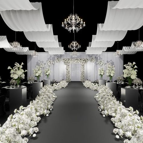 Wedding Venue Draping, Wedding Walkway Decorations, Wedding Rendering, Black And White Wedding Theme, Wedding Ceiling, Wedding Arches, Dream Wedding Decorations, White Wedding Theme, Wedding Planning Decor