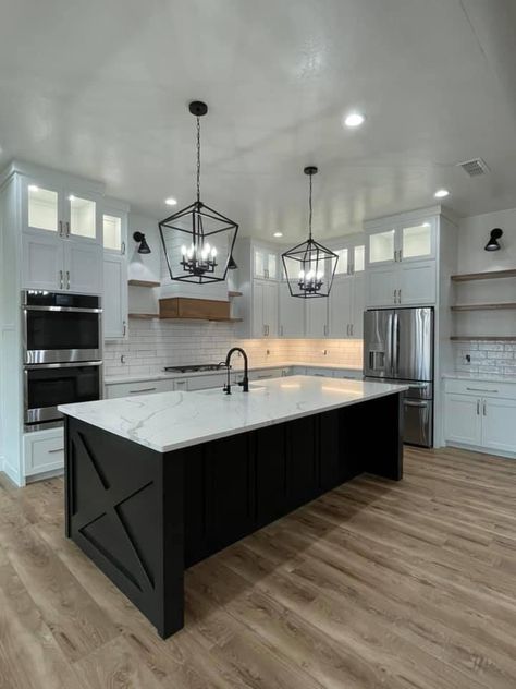 Kitchen Flooring Black Cabinets, Dark Grey Bottom Cabinets White Top, Farmhouse Chandelier Kitchen Islands, Modern Kitchen Plan, Custom Home Kitchen Ideas, Beazer Homes Design Studio, Off Center Kitchen Island, Black And White Modern Farmhouse Kitchen, White Black And Wood Kitchen