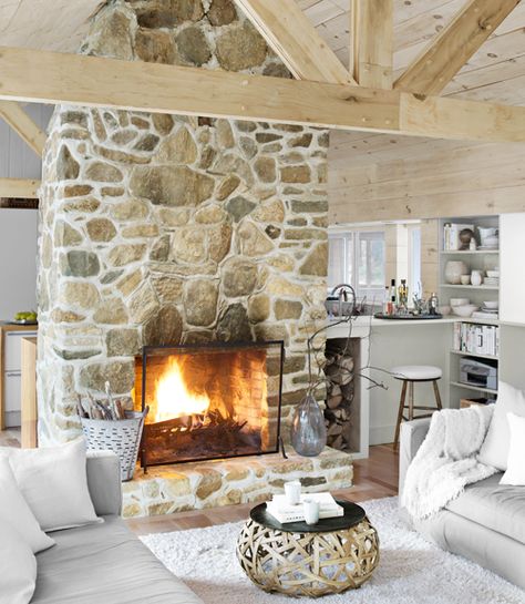 Grey Stone Fireplace, Natural Stone Fireplaces, Rustic Fireplaces, Cozy Living Spaces, Fireplace Remodel, Home Fireplace, Cabin Style, Fireplace Makeover, Modern Cabin