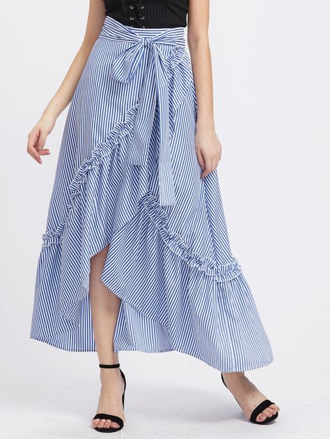 Shop Self Belt Ruffle Trim Striped Overlap Skirt online. SheIn offers Self Belt Ruffle Trim Striped Overlap Skirt & more to fit your fashionable needs. Fall Outfits Shein, Overlap Skirt, Blue Skirt Outfits, Batik Skirt, Half Skirt, Trendy Fall Outfits, Sewing Studio, Trendy Fall, Skirts Online