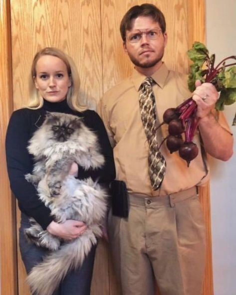 Couple Halloween Costumes With Pet, Office Couples Costumes, Angela And Dwight Halloween Costume, Meme Couple Costume, Funny Costume Couple, Couples Costume Ideas Unique, Angela And Dwight Costume, Hysterical Couples Costumes, The Office Couple Costume