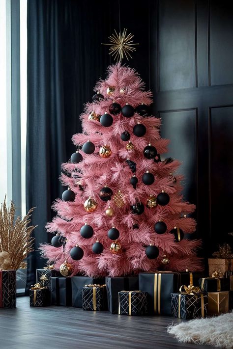 Pink Christmas Tree With Black Ornaments, Pink Tree With Black Ornaments, Black Rose Gold Christmas Tree, Black Pink Christmas Tree, Black Christmas Tree With Pink Ornaments, Black And Pink Christmas Decor, Black And Pink Christmas Tree, Pink And Black Christmas Tree, Gold And Black Christmas Tree