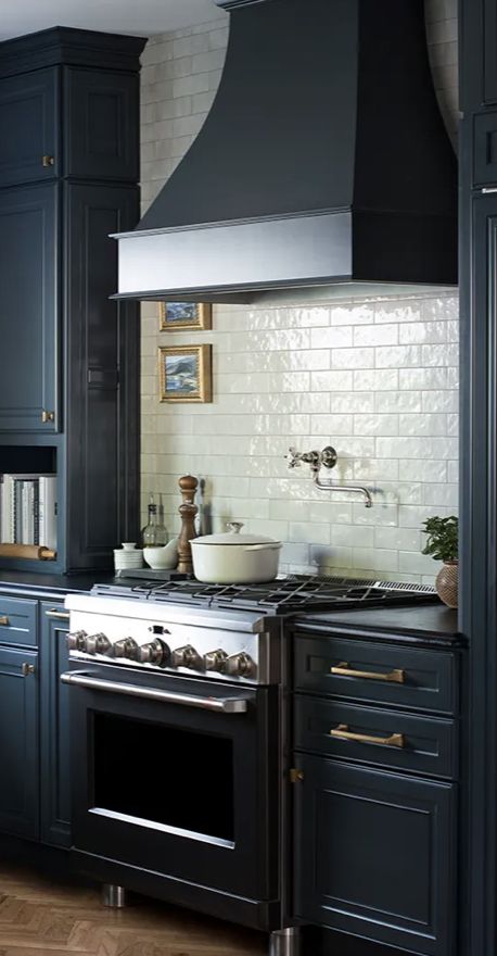 Black Kitchen Range, Kitchen 2023, Kitchen Chimney, Adams Homes, Dark Countertops, Painted Cabinet, Cabinet Paint Colors, Stoves Range, Boat House