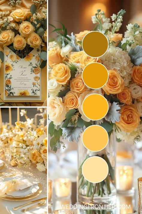 Yellow wedding theme ideas for a bright, cheerful ambiance. Sun Themed Wedding, Sunrise Wedding Colors, Purple And Yellow Wedding Theme, Mustard Wedding Colors, Yellow Wedding Decor, Yellow Wedding Colors Schemes, Purple And Yellow Wedding, Lemonade Wedding, Mustard Wedding