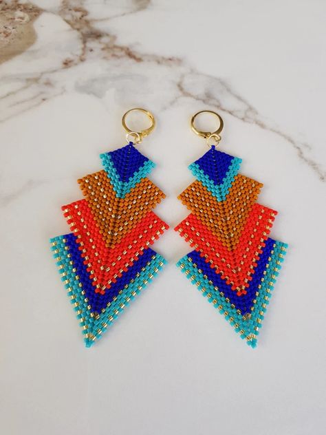 Triangle Beaded Earrings, Triangle Brick, Beaded Earrings Native, Bead Earring, Earrings Big, Beading Jewelry, Bead Work Jewelry, Work Jewelry, Big Earrings