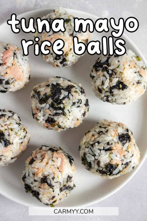 Korean Tuna Mayo Rice, Onigiri Recipe Tuna Mayo, Tuna Rice Seaweed, Simple Japanese Recipes Meals, Rice And Tuna Balls, Korean Tuna Rice Balls, Mushy Rice What To Do With, Sushi Rice Balls Recipe, Japanese Tuna Rice Balls