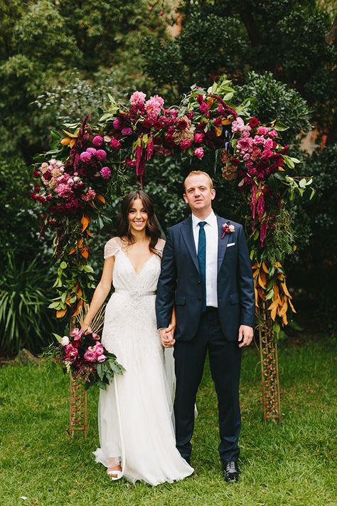 DEANA   MICK Victoria Wedding, Jewel Tone Wedding, Wedding Arbour, Wedding Altars, Wedding Ceremony Flowers, Moody Wedding, Ceremony Flowers, Floral Arch, Pink Colour