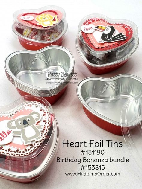 Heart Foil Tins from Stampin Up decorated with the Birthday Bonanza suite - lion, koala & toucan - DIY Valentine Treat ideas by Patty Bennett www.PattyStamps.com Diy Valentine's Treats, Sweet Business, Tags Stampin Up, Patty Bennett, Valentine Treat, Valentine Love Cards, Diy Heart, Free Stamps, Treat Holders