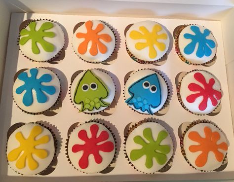 Splatoon Food Ideas, Splatoon Cupcakes, Splatoon Birthday Party Decorations, Splatoon Party Games, Splatoon Birthday Party Invitations, Fondant Figures, Party Treats, 9th Birthday, Splatoon