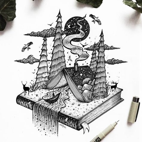 A-Frame Book House. Fantasy and Surrealism in Ink Illustrations. By Meni Chatzipanagiotou Stylo Art, Illustration Kunst, Arte Doodle, Pablo Neruda, Desenho Tattoo, Easy Reading, Ink Drawings, Arte Sketchbook, Art Et Illustration