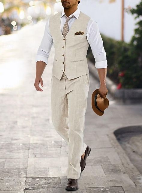 Beige Vest Outfit Men, Destination Wedding Attire, Wedding Shower Outfit, Mens Linen Suit, Beach Wedding Groom Attire, Mens Beach Wedding Attire, Beach Wedding Men, Blue Linen Suit, Linen Suits For Men