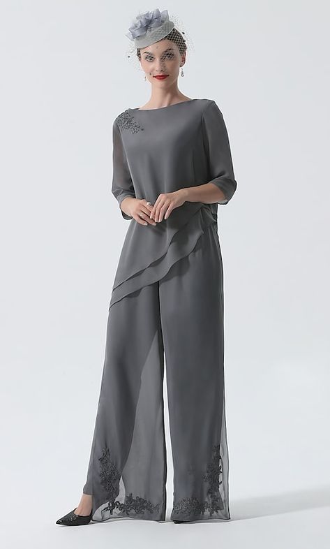 Jumpsuit / Pantsuit Mother of the Bride Dress Formal Plus Size Jewel Neck Floor Length Chiffon 3/4 Length Sleeve with Draping 2023 2023 - US $139.99 Formal Pants Outfit, Mother Of The Bride Jumpsuit, Jumpsuit For Wedding, Mother Of The Bride Pantsuits, Formal Plus Size, Bride Jumpsuit, Formal Pants, Stil Elegant, Mother Of The Bride Dress