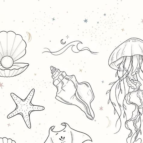 Lucia Tattoos 🏳️‍🌈 ✨London Fine Line Tattoo Artist on Instagram: "Dive into the new year by treating yourself to an ocean themed tattoo!  I got a lot of you wanting ocean theme tattoo flash! 🌊 🐚 ☀️   💌 email or fill an enquiry form in my bio to claim your chosen design!  • • #oceantattoo #seatattoo #jellyfishtattoo #finelinetattoo #shelltattoo #whaletattoo #stingraytattoo" Tattoo Ideas Ocean Theme, Ocean Patchwork Tattoo, Ocean Theme Tattoo, Ocean Themed Tattoos, Discreet Tattoos For Women, Manatee Tattoo, Beach Theme Tattoos, Ocean Font, Ocean Theme Tattoos