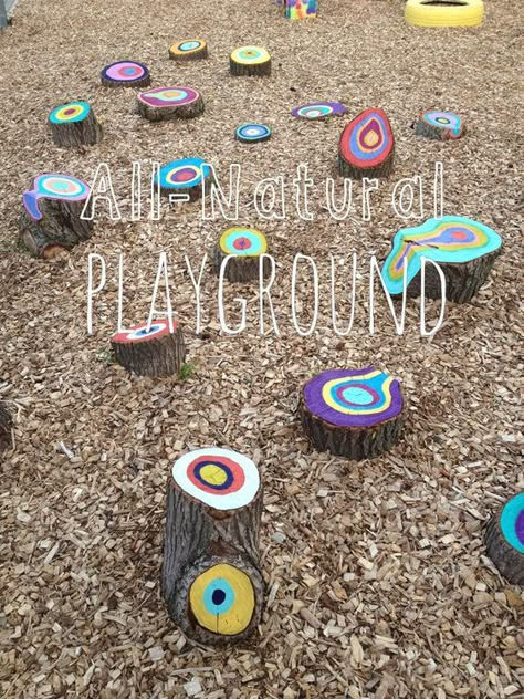 Turn your tree stump into a little house in the garden! I love how they used pallets for the roof and rocks to surround it. (source unknown) How cool is this idea?! When you have to cut down trees, paint them awesome patterns so the kids can play on them! (source unknown) Grow flowers inside … Painted Stumps, Painted Logs, Stump Decor, Natural Play Spaces, Outdoor Play Spaces, Natural Play, Play Garden, Playground Ideas, Outdoor Play Areas