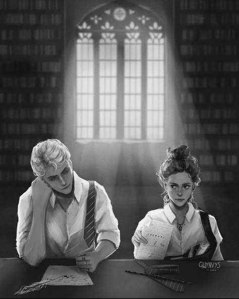 Dramione Art, Draco And Hermione Fanfiction, Study Date, Dramione Fanart, Draco Malfoy Fanart, Draco Hermione, Dramione Fan Art, Draco Malfoy Aesthetic, Buku Harry Potter