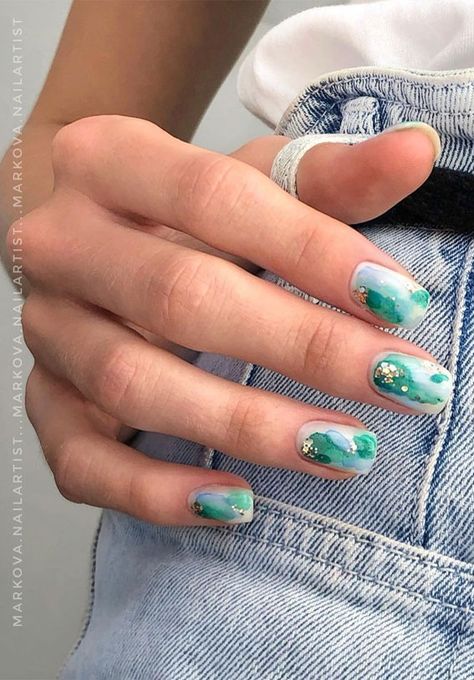 50. Green watercolor nail polish Looking for a unique and creative design to wear this spring, then you need to see this next mani!... Green Watercolor Nails, Blue Watercolor Nails, Nails Watercolor, Watercolor Nails Art, Nail Art Watercolor, Water Colour Nails, Watercolor Nail Designs, Watercolor Nail Art, Watercolor Nails