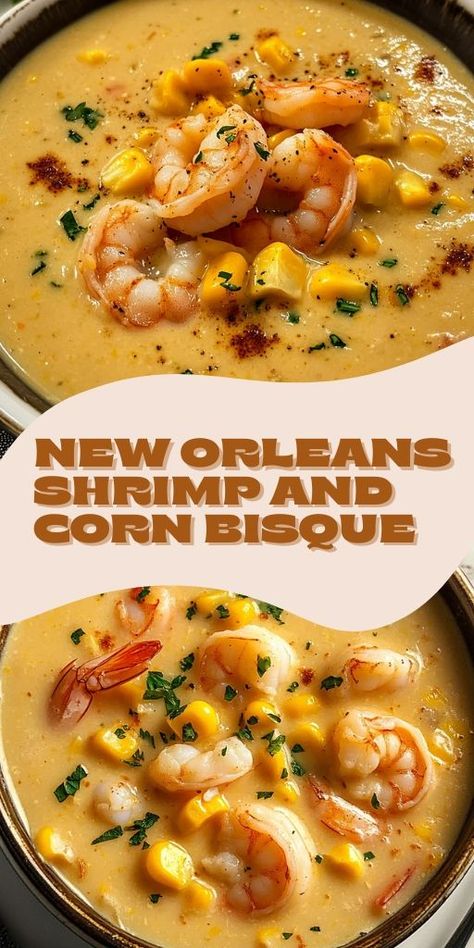 Indulge in the rich flavors of New Orleans Shrimp & Corn Bisque! 🍤🌽 This southern-inspired soup combines tender shrimp, sweet corn, and a flavorful, creamy base that's perfect for any seafood lover. Whether you're hosting a dinner party or enjoying a cozy evening at home, this bisque will bring the taste of New Orleans straight to your table. 🥣 Perfect for special occasions or as a comforting weeknight meal! #ShrimpBisque #SeafoodSoup #CornBisque #NewOrleansRecipe Shrimp Bisque Soup Recipes, Shrimp Corn Bisque, Shrimp And Corn Bisque, Shrimp Bisque Recipe, Shrimp And Corn Soup, New Orleans Shrimp, Seafood Bisque Recipe, Shrimp Soup Recipes, Corn Bisque