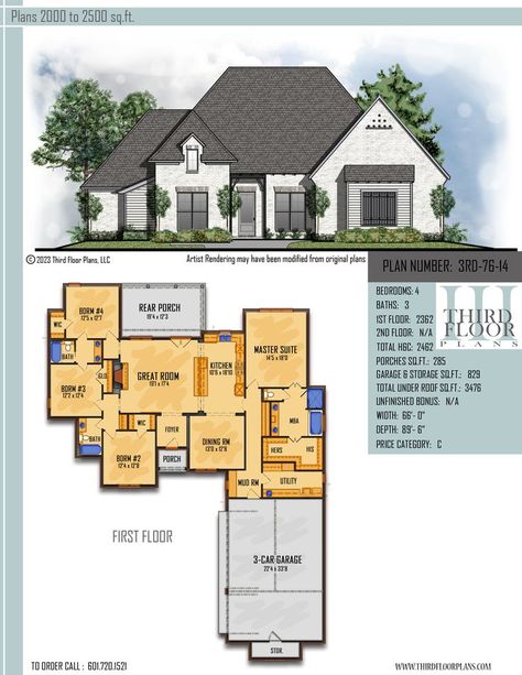 2500sq Ft House Plans, Bedroom Off Kitchen, Hers Walk In Closet, Kitchen With Walk In Pantry, Split Home, Garage With Storage, Large Porch, 3 Car Garage, Tub Shower