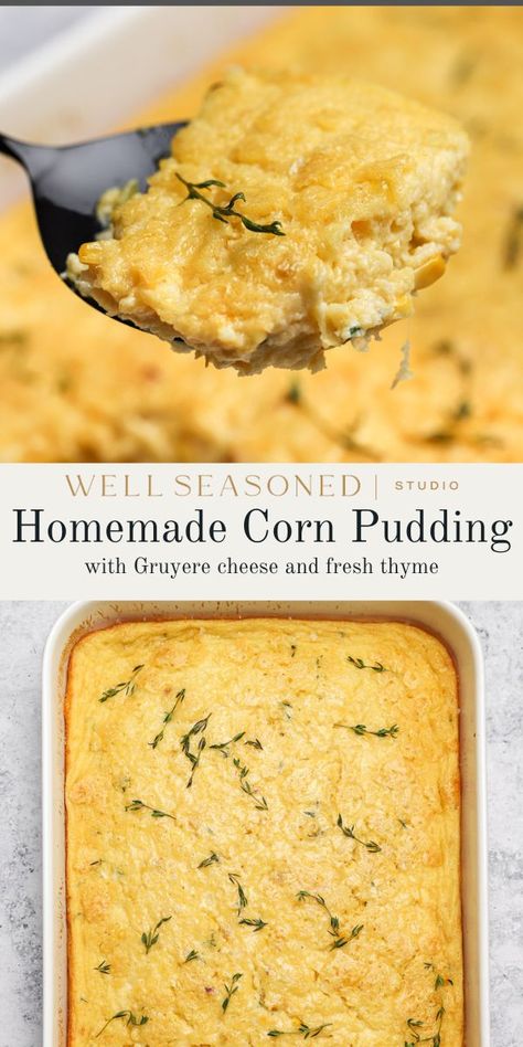 Creamy Southern Corn Pudding (For Thanksgiving!) Savory Corn Pudding, Fall Cornbread, Thanksgiving Pudding, Jiffy Corn Pudding, Southern Corn Pudding, Sweetcorn Recipes, Easy Corn Pudding, Thanksgiving Corn, Southern Corn