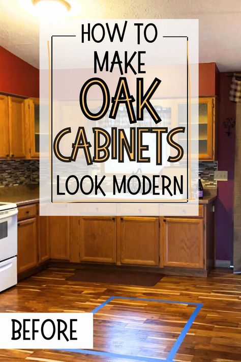 oak kitchen cabinets with wood floor, red walls with text overlay how to make oak cabinets look modern. Diy Kitchen Cabinets Makeover, Redo Kitchen Cabinets, Honey Oak Cabinets, Kitchen Storage Hacks, Oak Kitchen Cabinets, Kitchen Aesthetic, Organizing Hacks, Kitchen Cabinets Makeover, Wood Kitchen Cabinets