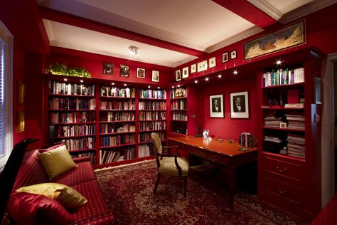 Red office Private Library Room, Which Wallpaper, Modern Study Rooms, Home Library Design Ideas, Red Interior Design, Library Study Room, House Is A Mess, Modern Study, Study Room Design