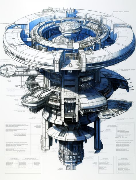 A detailed mechanical plan for a futuristic space station, including the engineering drawing. AI-generated Massive Spaceship Concept Art, Isometric Space Station, Spaceship Blueprint Sci Fi, Futuristic Machine Design, Anime Space Station, Small Space Station Concept Art, Cyberpunk Space Station, Fantasy Space Station, Sci Fi Station