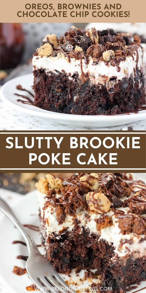 Chocolate Brownie Pudding Cake, Chocolate Cake With Cookies On Top, Birthday Desserts For Him, Cookie Dough Poke Cake, Brownie Poke Cake Recipes, Chocolate Dessert Ideas For Party, Chocolate Chip Poke Cake, Chocolate Crunch Poke Cake, Chocolate Eclair Ice Cream Cake