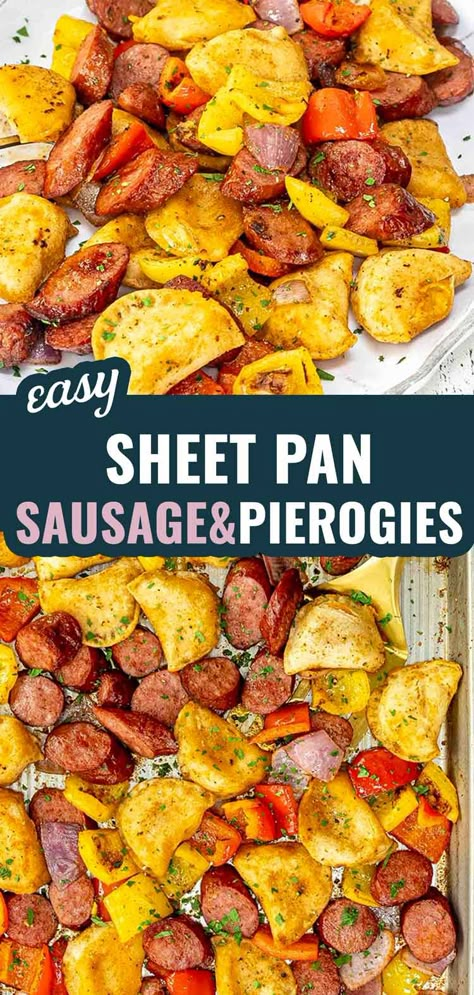 Make weeknight dinners easy with this Sheet Pan Sausage and Pierogies recipe! Crispy, smoky, and ready in 40 minutes! #SheetPanMeals #EasyDinners #ComfortFood Perogies And Kielbasa Sheet Pan, Sausage And Pierogies Sheet Pan, Perogies And Sausage Sheet Pan, Pierogies And Kielbasa Sheet Pan, Pierogi Sheet Pan, Sheet Pan Kielbasa And Pierogies, Sheet Pan Perogies, Sheet Pan Pierogies And Sausage, Sheet Pan Pierogies