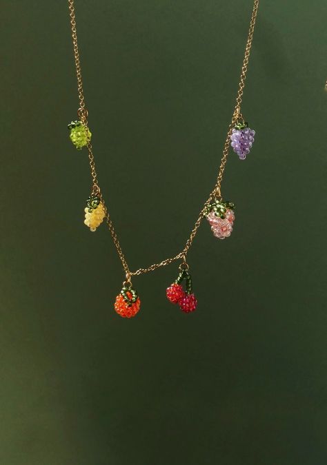 Fruit Salad Beaded Charm Necklace 14k Gold Filled Chain and Glass Seed Beads - Etsy Make Your Own Charm Necklace, Beaded Fruit Necklace, Beaded Fruit, Fruit Beads, Beaded Pendants, Cherry Strawberry, Beaded Charms, Fruit Necklace, Glass Seed Beads